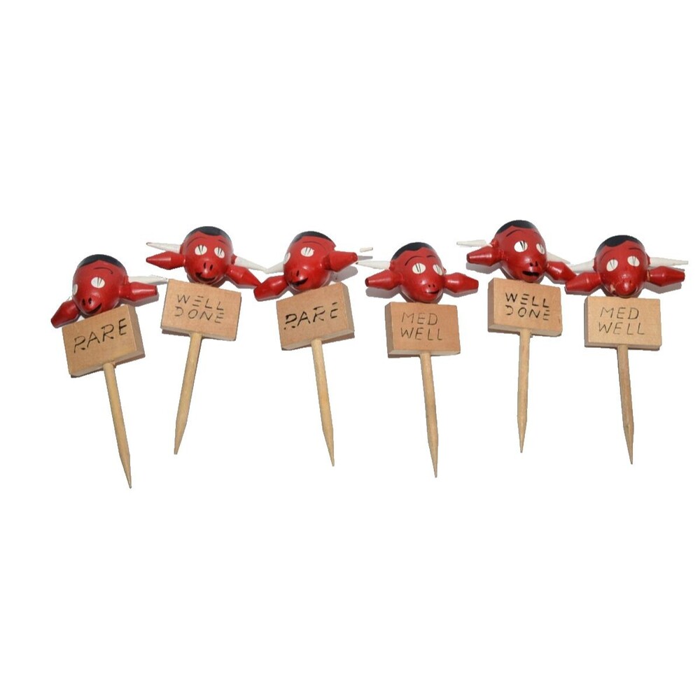 Vtg Wooden Handpainted Meat Markers Japan Anthropomorphic Bull Cow Western rodeo